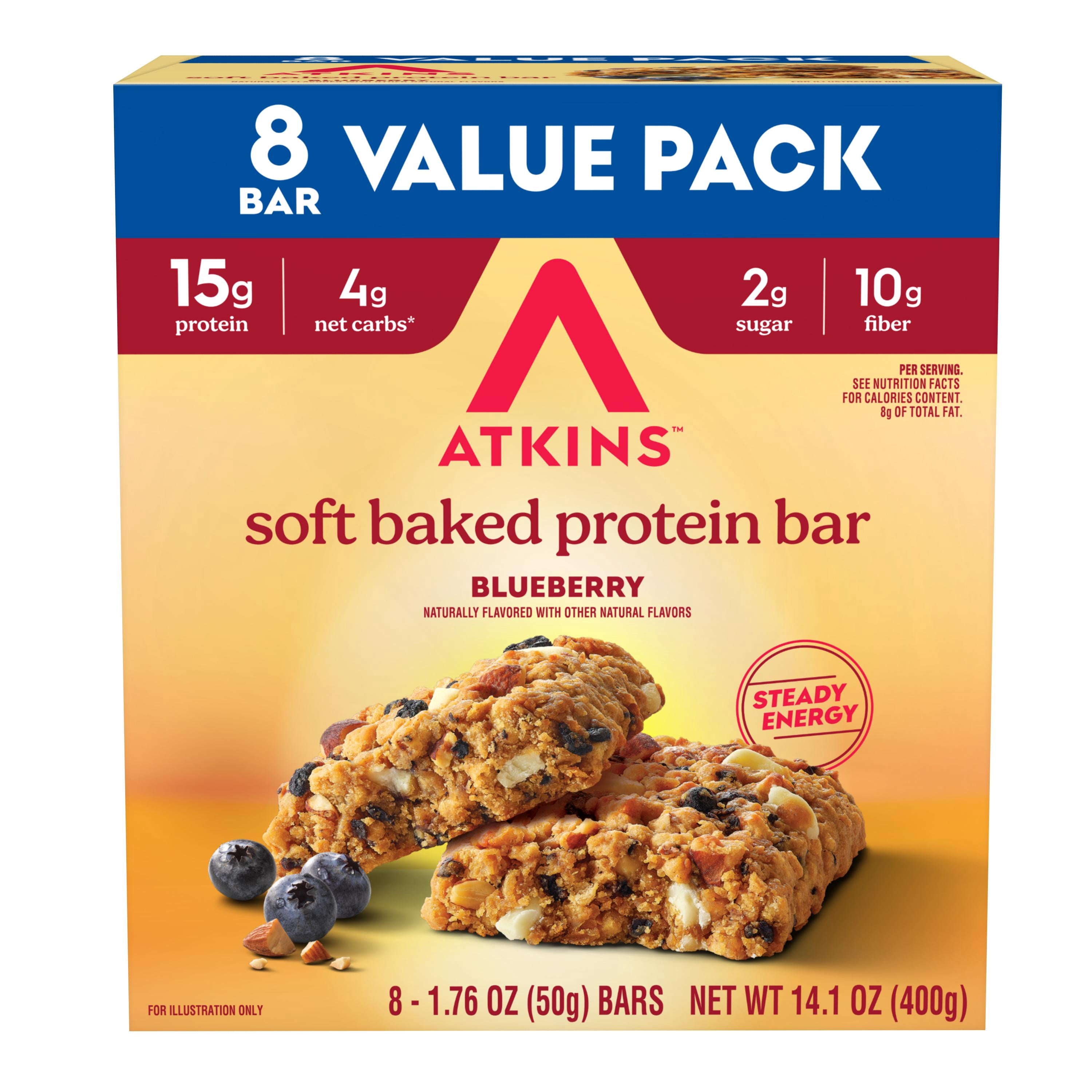 Atkins High Protein Bar, Soft Baked Bars, Blueberry Flavor, Value Pack, 8 Count
