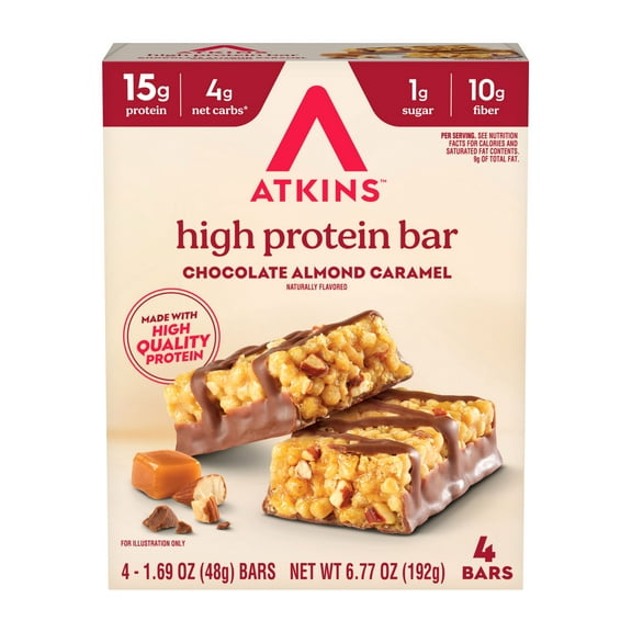 Atkins High Protein Bars, Chocolate Almond Caramel Flavored, 15g Protein, Low Sugar, Keto Friendly, Fiber Snacks, 4 Count
