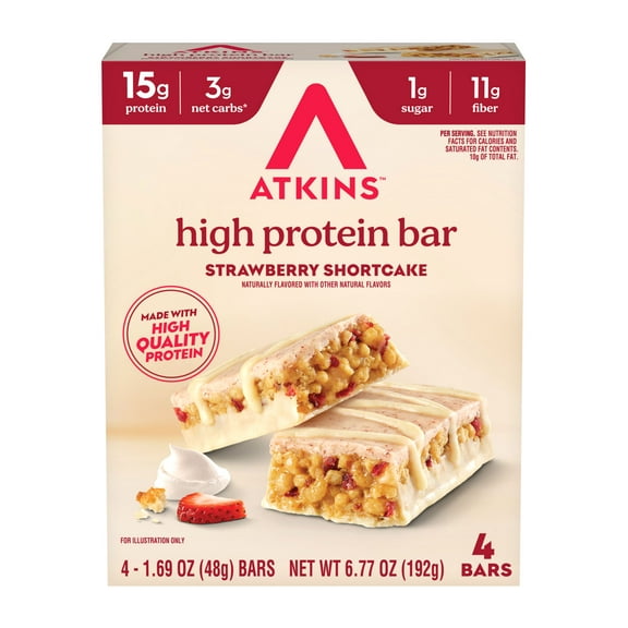Atkins High Protein Bars, Strawberry Shortcake Flavored, 15g of Protein, 4 Count