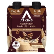 Atkins Café au Lait Iced Coffee Flavored High Protein Shake, Low Sugar and Low Carb, Keto Friendly, Ready to Drink Protein Shake, 4 Count