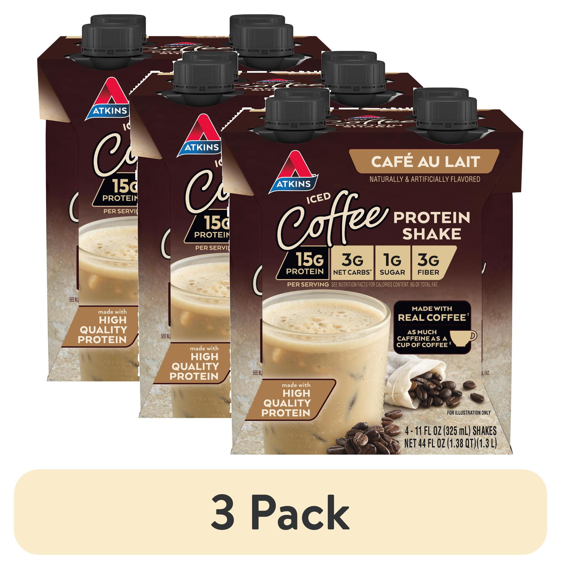(3 pack) Atkins Iced Coffee Café Au Lait Protein Shake, 11 fl oz, 4 Ct
