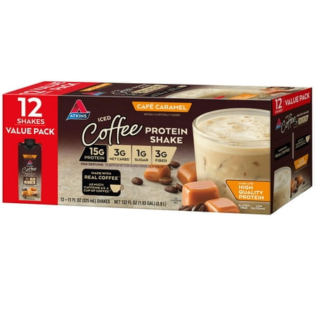 Atkins Café Caramel Iced Coffee Flavor High Protein Shake, 15g of Protein, 1g Sugar, Low Carb and Low Sugar Protein Shakes, Keto Friendly, 12 Count