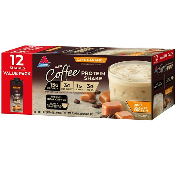 Atkins Caf Caramel Iced Coffee Flavor High Protein Shake, 15g of Protein, 1g Sugar, Low Carb and Low Sugar Protein Shakes, Keto Friendly, 12 Count