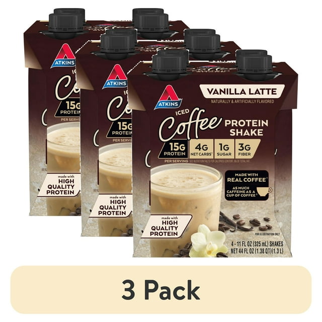 (3 pack) Atkins Iced Coffee Vanilla Latte High Protein Shake, Low Carb