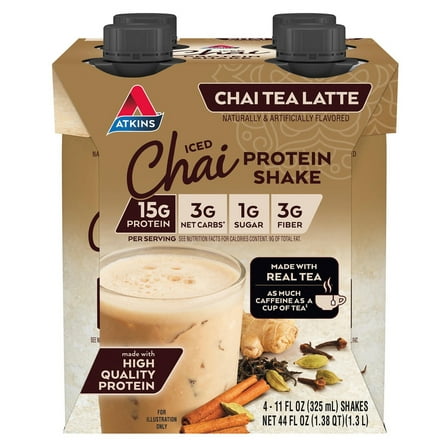 Atkins Chai Tea Latte Flavored High Protein Shake, Ready to Drink, Low Sugar and Low Carb Shakes, Keto-Friendly, Made with Real Tea, 4 Count