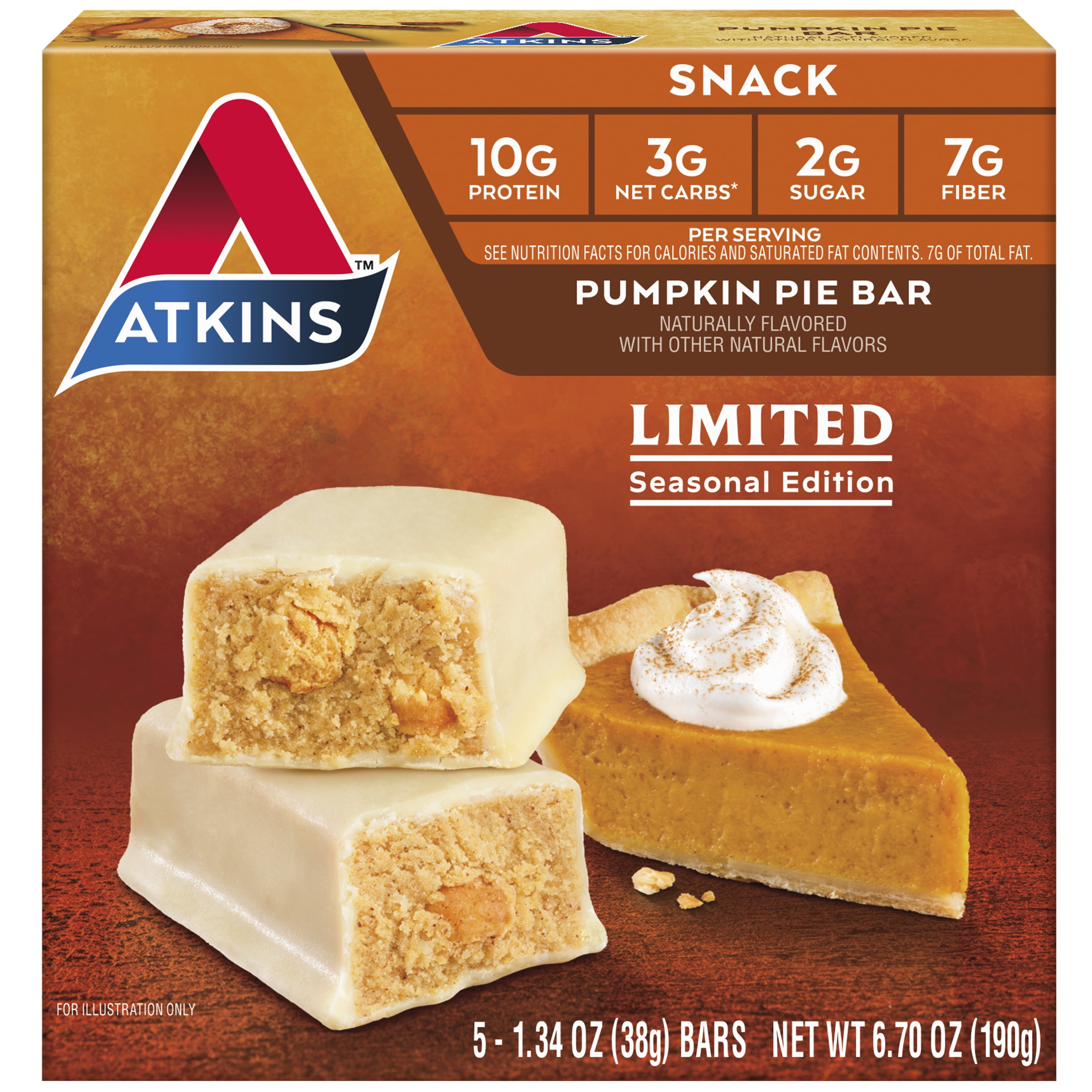 Atkins Limited Edition Pumpkin Pie Snack Bar Seasonal Flavor Protein Bar 5 Count