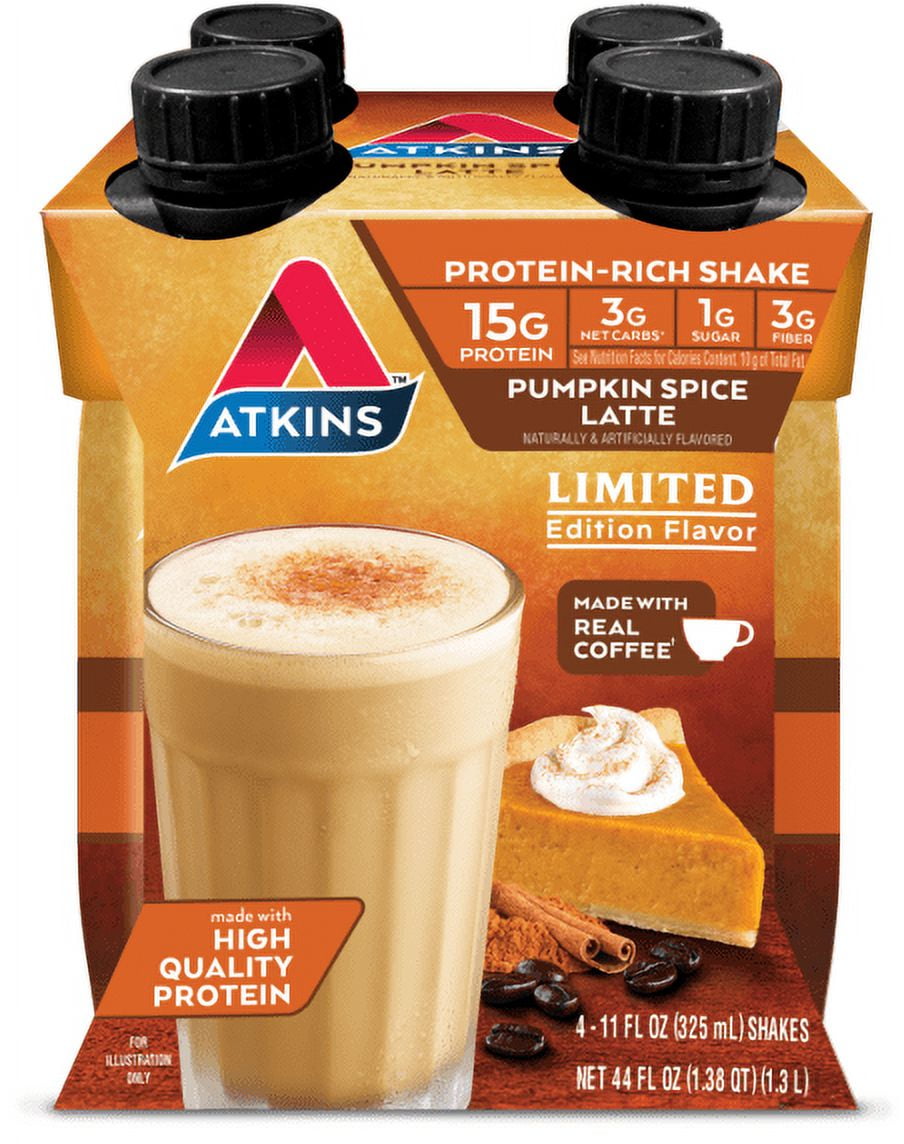 Atkins Limited Edition, Pumpkin Spice Latte Protein Shake, 11 fl oz, 4 Count (Ready to Drink)