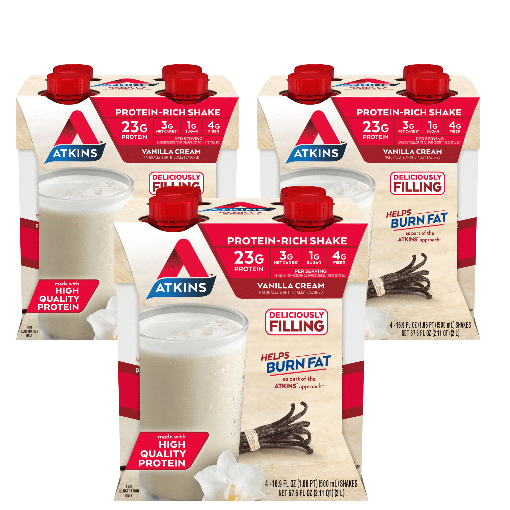 Atkins Meal Size Protein-Rich Shake, Vanilla Cream, 16.9 fl oz, 3/4ct Packs