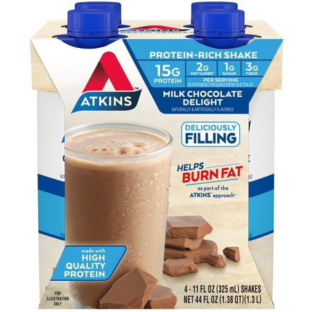 Atkins Milk Chocolate Delight Protein Shake, High Protein, Low Carb, Low Sugar, Keto, 4 Ct
