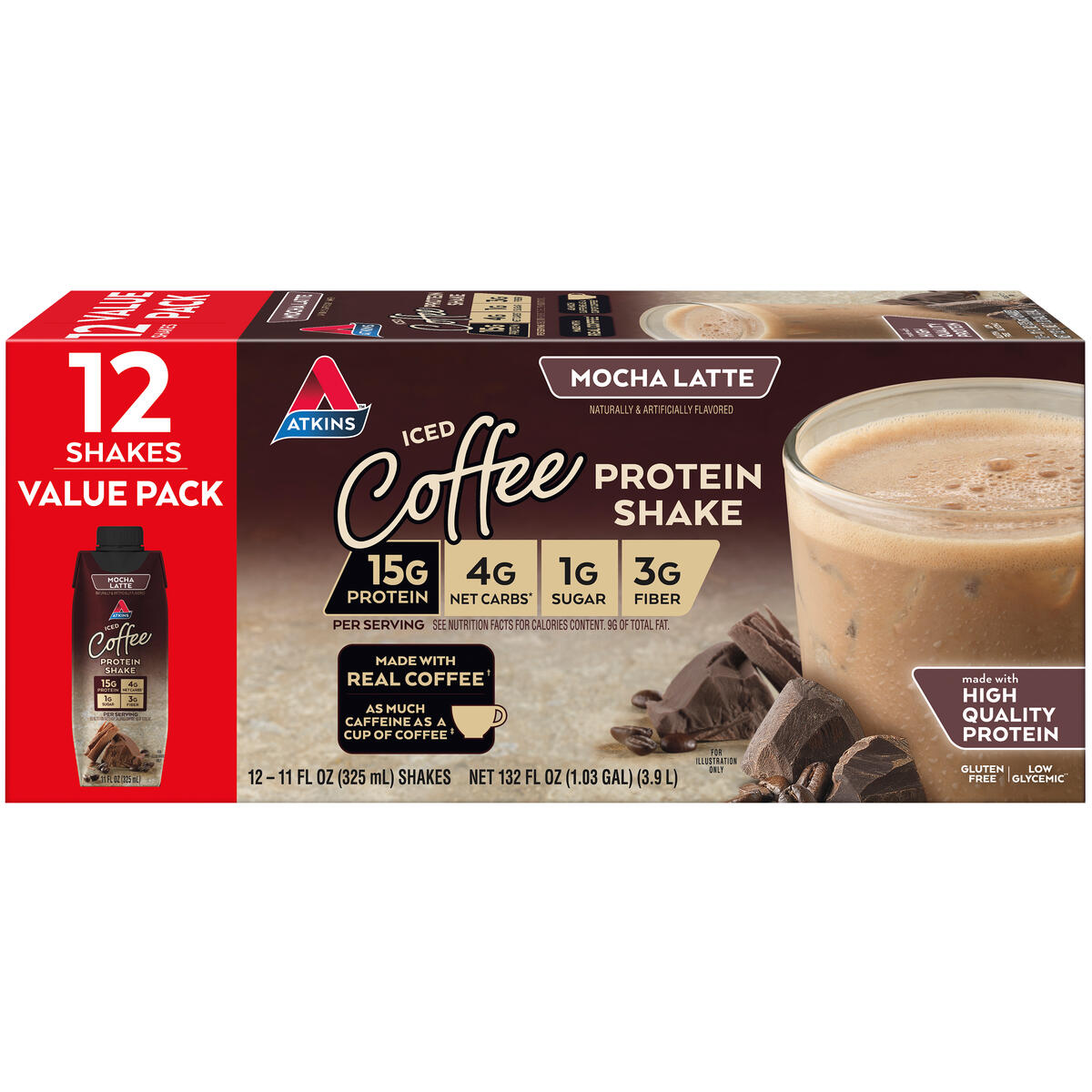 Atkins Mocha Latte Iced Coffee Protein Shake, Low Carb, Low Sugar, Keto Friendly, 12 Ct - image 1 of 9