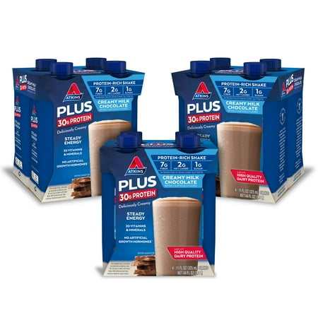 Atkins PLUS Protein & Fiber Creamy Milk Chocolate Shake, 11 fl oz, 3/4ct Packs (Ready To Drink)