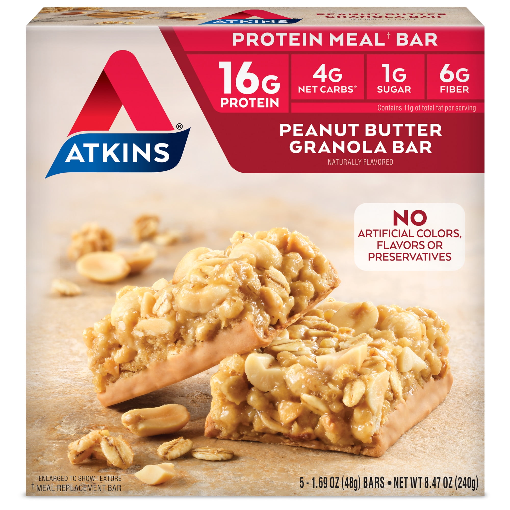 Atkins Peanut Butter Granola Protein Meal Replacement Bar, High Fiber