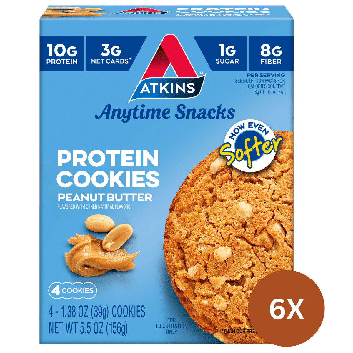 Atkins Peanut Butter Protein Cookie, Rich in Fiber, Low Carb, Low Sugar, Keto Friendly, 6/4 Packs