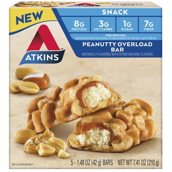 Atkins Peanutty Overload Snack Bar, 8g of Protein, Rich in Fiber, 5 Count