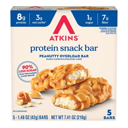 Atkins Snack, Protein Snack Bar, Peanutty Overload, 8g of Protein, 7g of Fiber, 5 Count