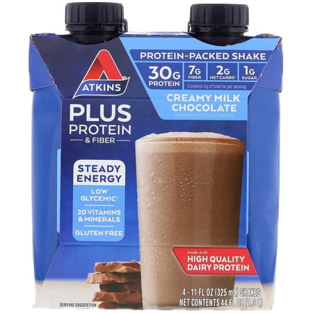 Atkins, Plus Protein & Fiber, Creamy Milk Chocolate, 4 Shakes, 11 fl oz Pack of 3