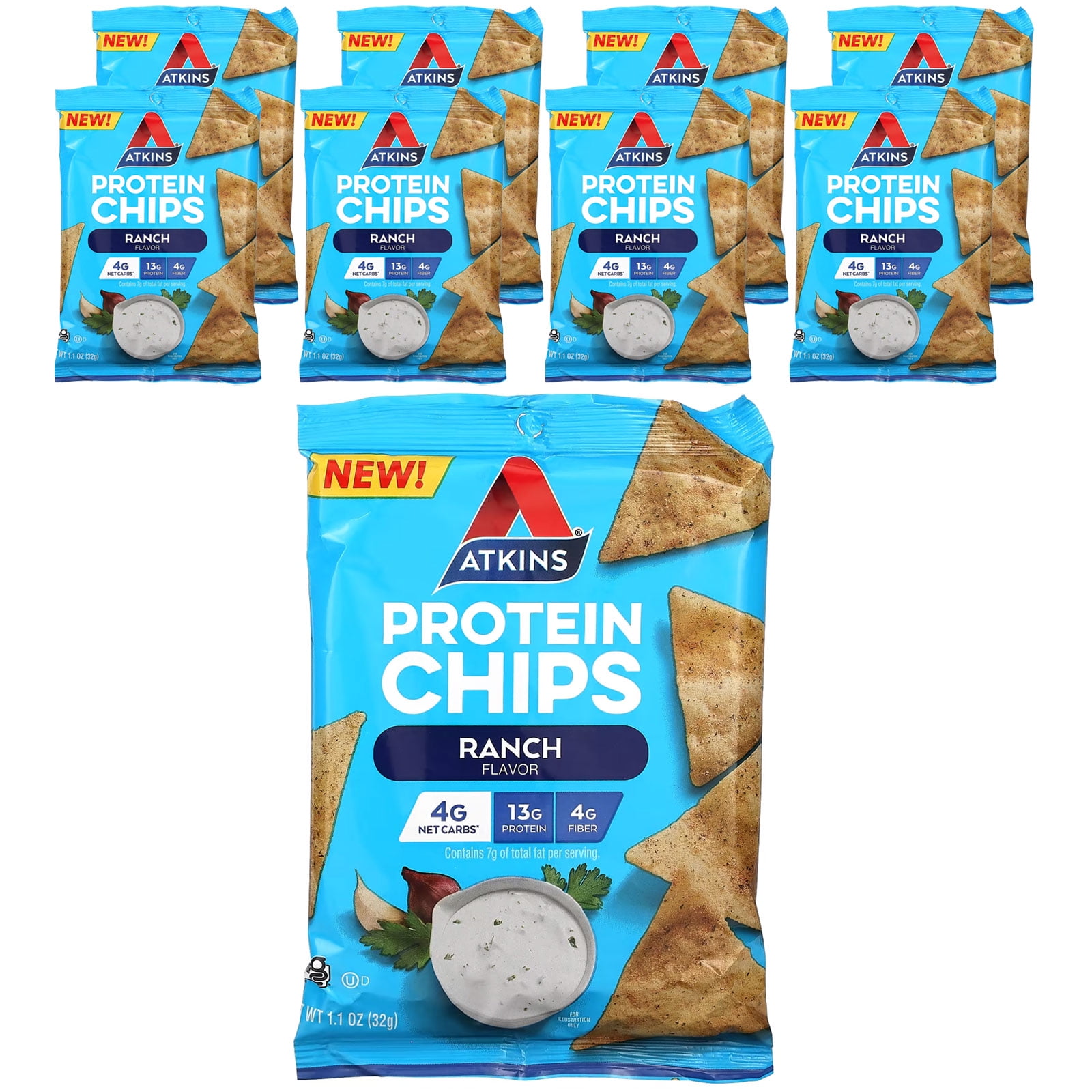Atkins Protein Chips, Ranch, 8 Bags, 1.1 oz (32 g) Each