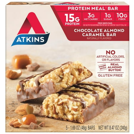 Atkins Protein Meal Bar, Chocolate Almond Caramel, Keto Friendly, 5 Count