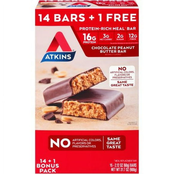 Atkins Protein-Rich Meal Bar, Chocolate Peanut Butter, Keto Friendly, 15 Count