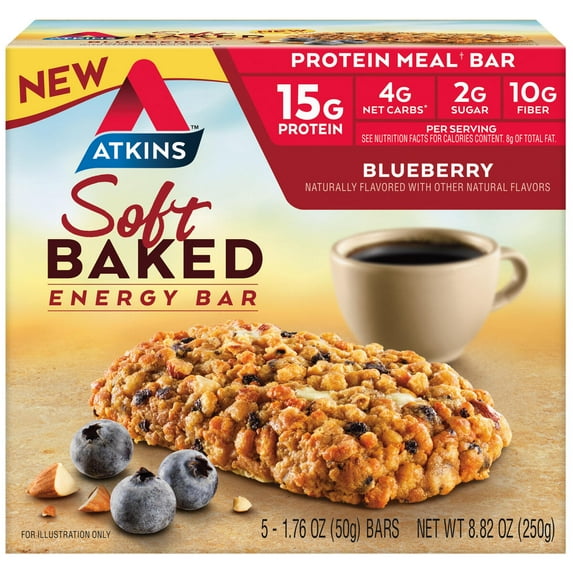 Atkins Blueberry Soft Baked High Protein Energy Bars, Low Sugar, High Fiber Protein Snack, Keto-Friendly Bars, 5 Ct