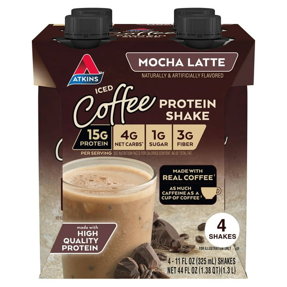 Atkins Protein Shake, Mocha Latte, Keto Friendly, Gluten Free, 4 Ct (Ready to Drink)