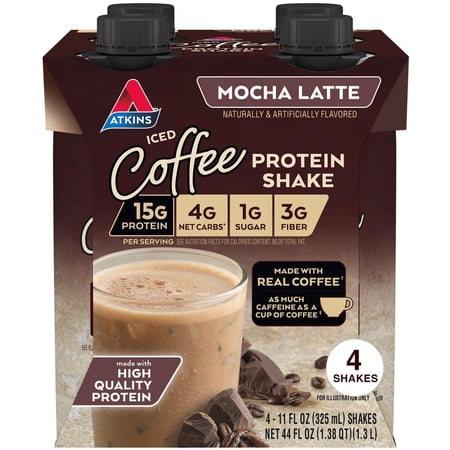 Atkins Protein Shake, Mocha Latte, Keto Friendly, Gluten Free, 4 Ct (Ready to Drink)