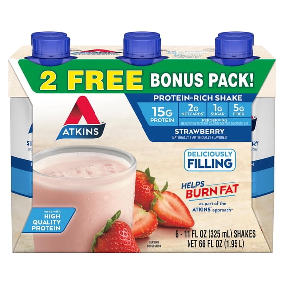 Atkins Protein Shake, Strawberry Flavor, Bonus Pack, 6 Count