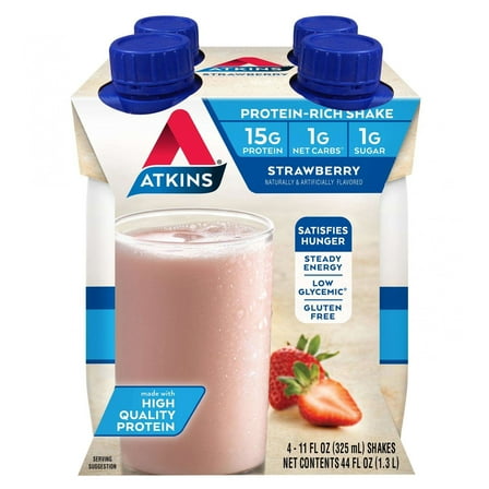 Atkins Protein Shake Strawberry Flavored, 15g Protein, Keto Friendly, 11 fl oz, 4 Count