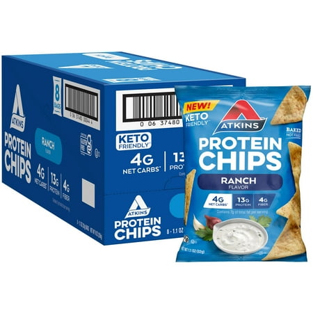 Atkins Ranch Flavored Protein Chips, Keto Friendly, Baked Not Fried, Ranch, 8 Count