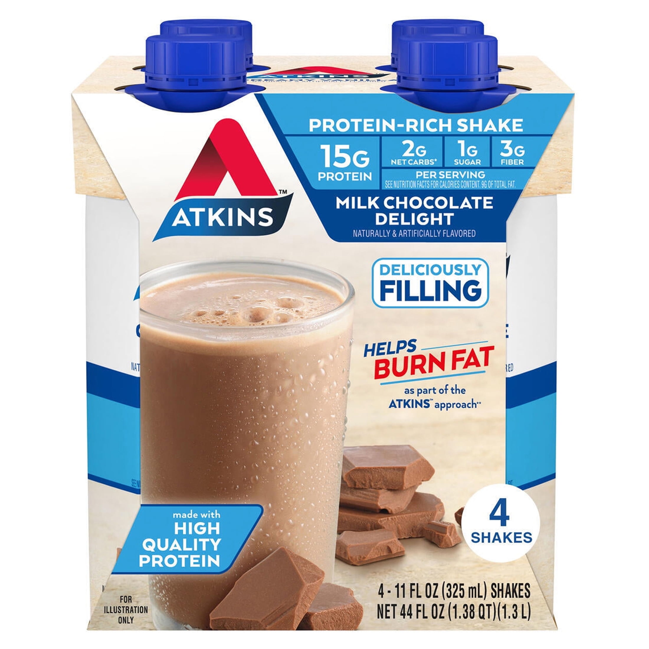 Atkins Milk Chocolate Delight Protein Shake, Keto, Gluten Free, Low Sugar, High Protein, 4 Ct