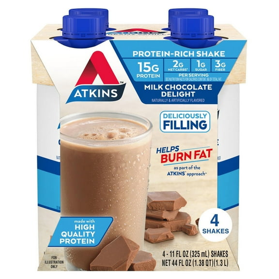 Atkins Chocolate Flavored High Protein Shake, Low Sugar and Low Carb, Keto-Friendly Protein Shake, 4 Ct