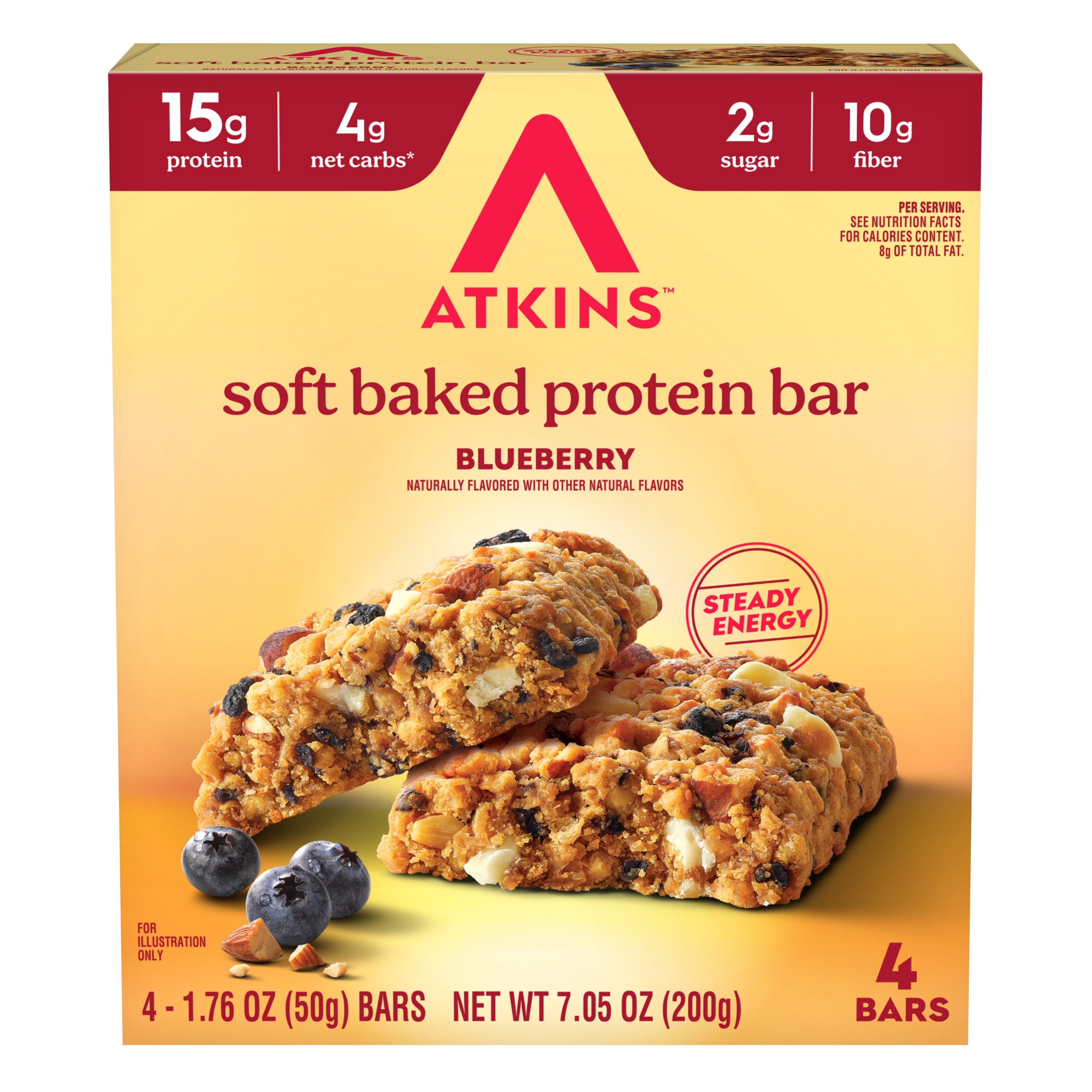 Atkins Soft Baked High Protein Bars, Blueberry, 15g Protein, 4g Net Carbs, 2g Sugar, High Fiber, Keto Protein Bars, Low Sugar, 4 Count