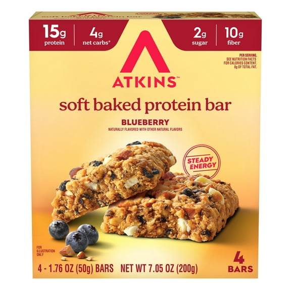Atkins Soft Baked High Protein Bars, Blueberry, 15g Protein, 4g Net Carbs, 2g Sugar, High Fiber, Keto Protein Bars, Low Sugar, 4 Count
