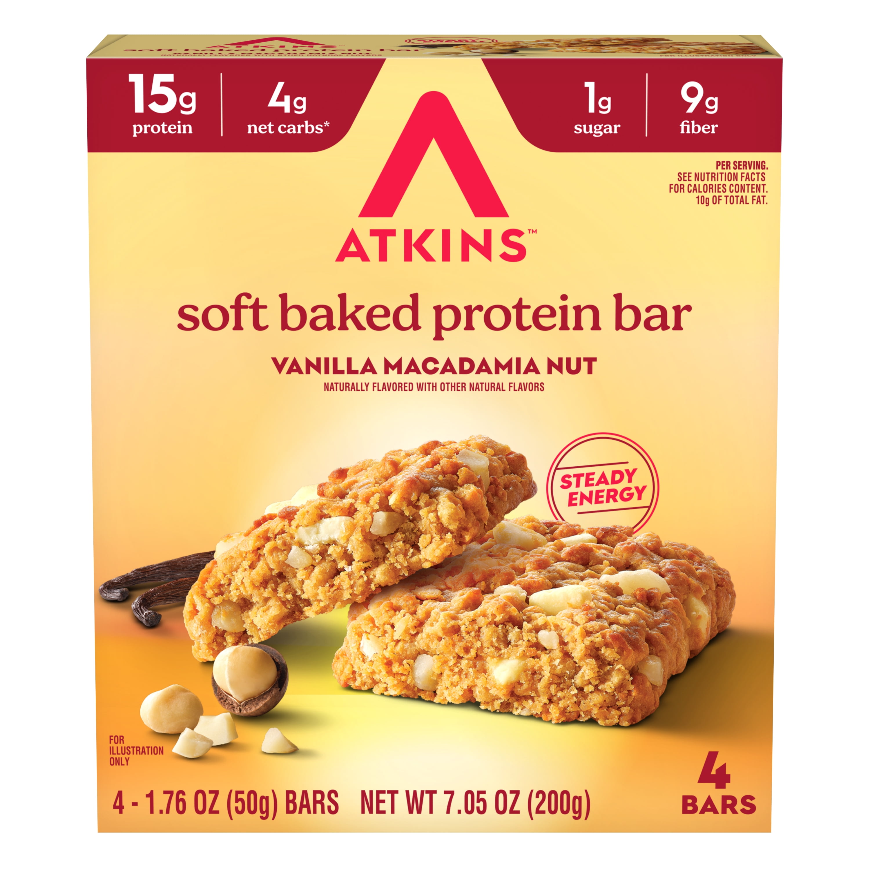 Atkins Soft Baked High Protein Bar, Vanilla Macadamia Nut Flavored, 15g of Protein, Keto Snack, High Fiber, Low Sugar Protein Bars, 4 Count
