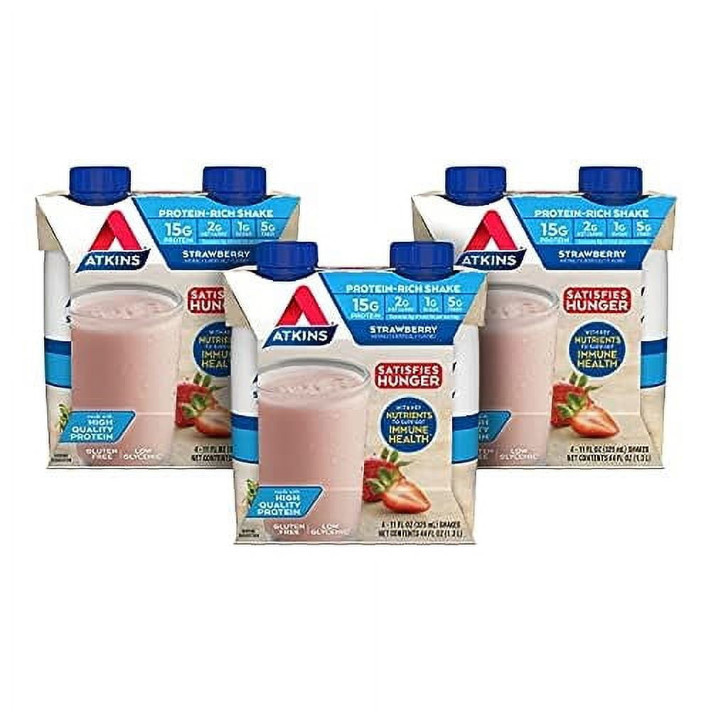 Atkins Strawberry Protein Shake, 15g Protein, Low Glycemic, 2g Net Carb, 1g Sugar, Keto Friendly