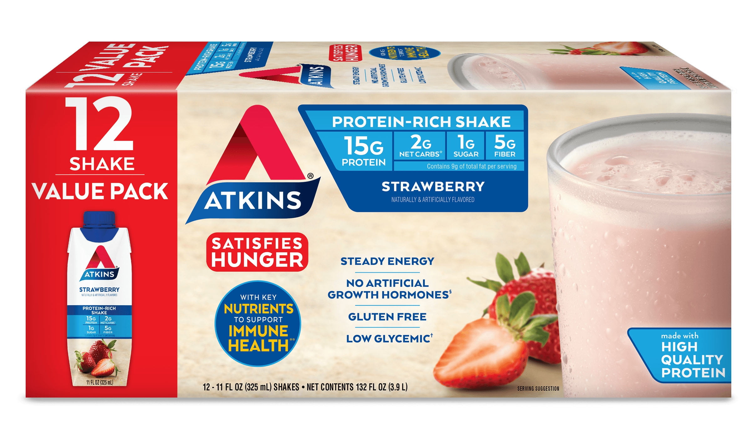 Atkins High Protein Shake, Strawberry Flavor, 15g of Protein, 1g Sugar, Low Carb and Low Sugar Protein Shakes, Keto Friendly, 12 Count