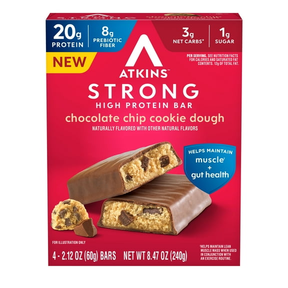 Atkins Strong High Protein Bars, Chocolate Chip Cookie Dough Flavored, 20g of Protein, 4 Count