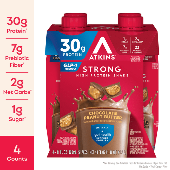 Atkins Strong High Protein Shake, Chocolate Peanut Butter Flavor, 30g Protein, Low Carb and Low Sugar, Keto Friendly, Gluten-Free, Muscle and Gut Health Support, 4 Count