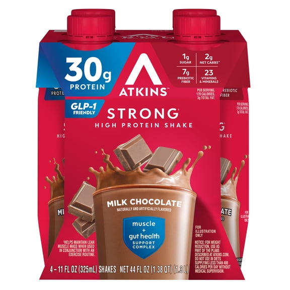 Atkins Strong, High Protein Shake, Milk Chocolate, 30g of Protein, 4 Count