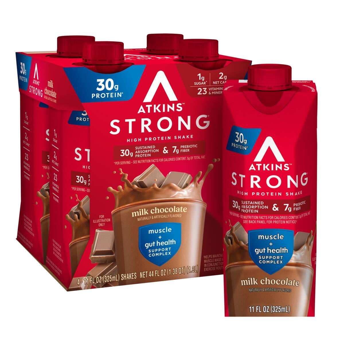 Atkins Strong, High Protein Shake, Milk Chocolate, 30g of Protein, 4 Count