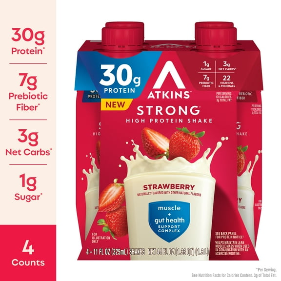 Atkins Strong, High Protein Shake, Strawberry Flavor, 30g of Protein, 4 Count