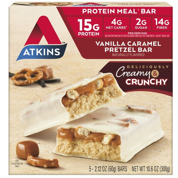 Atkins Vanilla Caramel Pretzel Protein Meal Bar, Low Sugar, Meal Replacement, Keto Friendly, 5 Count