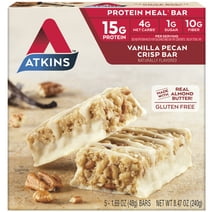 Atkins Vanilla Pecan Crisp Protein Meal Bar, Low Sugar, Meal Replacement, Keto Friendly, 5 Ct