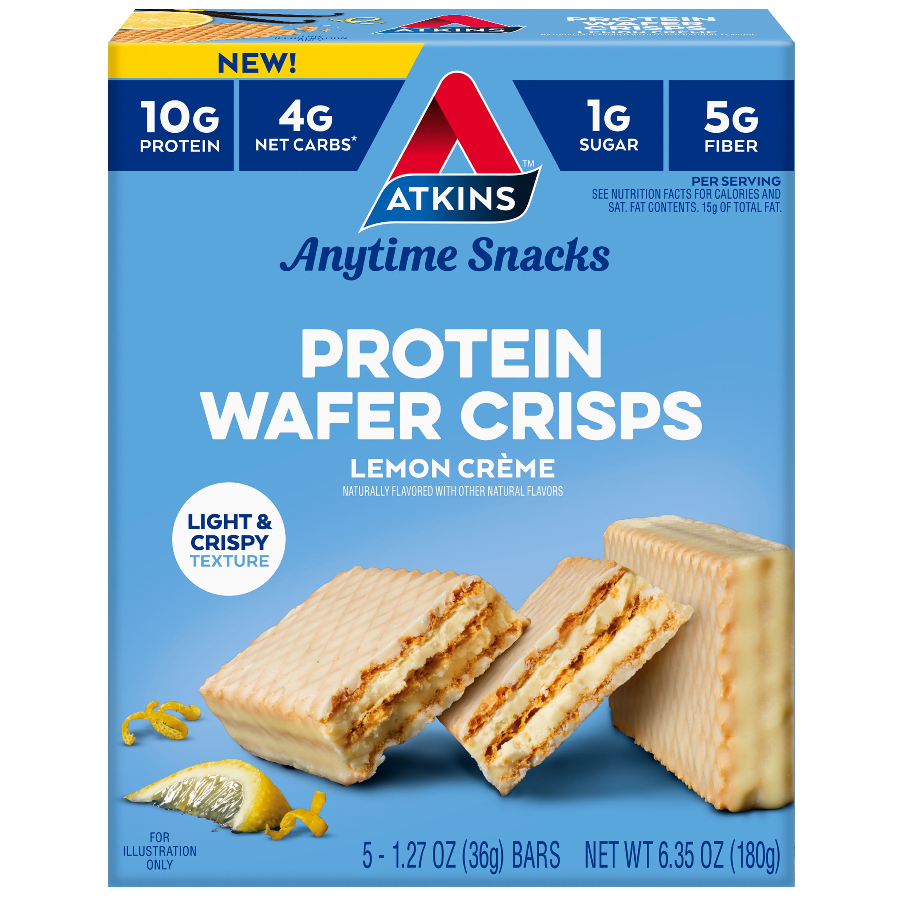 Atkins Protein Wafer Crisp Bar, Lemon Creme, 10g Protein Dessert, Low Carb, 5 Count