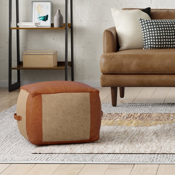 Atkinson Tan Buffalo Leather & Jute Round Ottoman Pouf | 18" Diameter | Versatile Coffee Table & Footrest for Living Room | Handcrafted Natural Accent