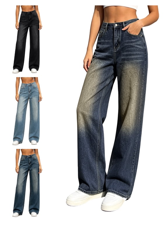 Baggy Jeans for Women Trendy High Waist Button-Zip Fly Wide Legs Jeans Vintage Wash Long Length Fall Jeans Women with Pockets L