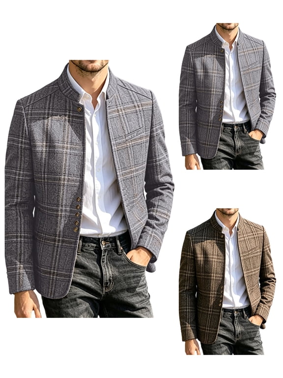 Blazer for Men Fashion Plaid Stand Collar Button Faux Wool Jacket Warm Slim Fit Vintage Mens Fall Cardigan M
