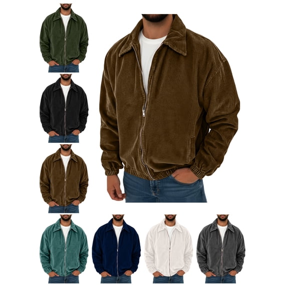 Atkumj Bomber Jacket Men Comfortable Turn Down Collar Full Zip Corduroy Jacket Casual Loose Solid Color Long Sleeve Fall Jacket Men for Daily Wear S