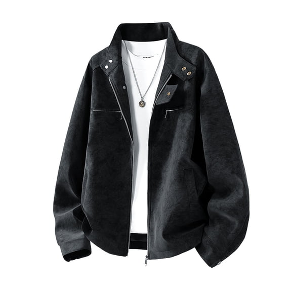 Atkumj Bomber Jacket Men with Pockets Stylish Suede Stand Collar Mens Leather Jacket Casual Solid Color Long Sleeve Zip Up Jacket for Outdoor Daily Activities 3XL