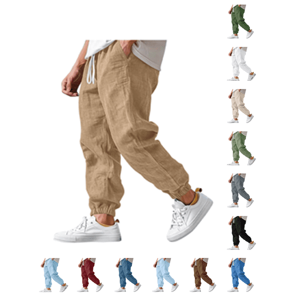 Atkumj Breathable Linen Pants Casual Straight Leg Cuffed Hem Elastic Waistband Drawstring Pants Versatile Solid Color Loose Joggers for Men with Pockets M